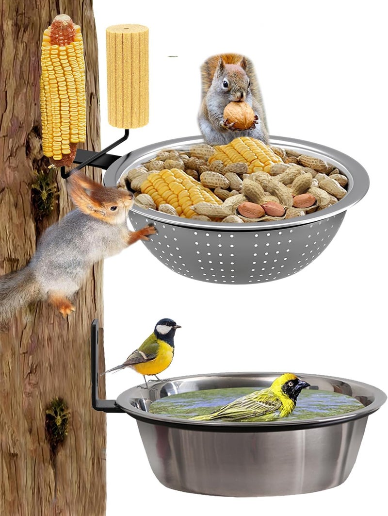 Ofasixx 2 Pack 8.5" Squirrel and Bird Feeder for Outside Tree/Fence, Removable Metal Bowl Feeder with Drainage Holes, Adding 1 for Squirrel Watering or Bird Bath/Swim, Sturdy Easy Clean Feeders for Outdoor - Image 1